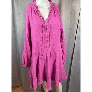 Magaschoni Pink Gauze Tunic Dress Ruffle 100% organic cotton Front Long Sleeve M